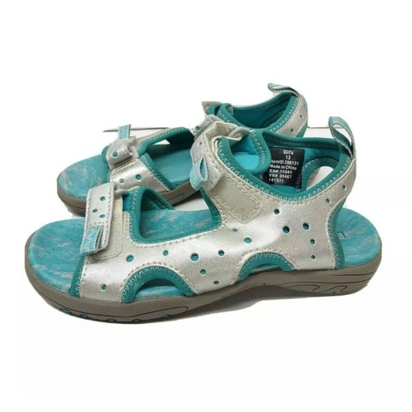 Girls LL Bean Kids Sport Sandal W/ Hook & Loop Closure Silver Blue Size 12 - Picture 2 of 9